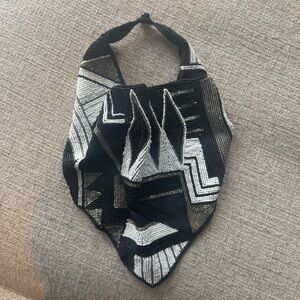 Hand-Beaded Geometric Triangle Scarf - Black White Silver Boho Neckerchief